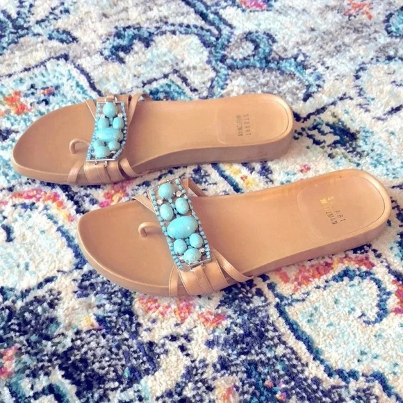 STUART WEITZMAN Flip Flop Bejeweled Turquoise Statement Sandal - Picture 3 of 8